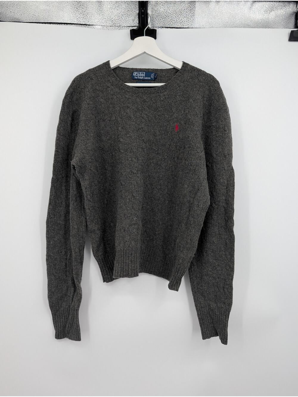 Polo Ralph Lauren 100% Lambs Wool Sweater Cable Knit Gray Large Preppy Warm